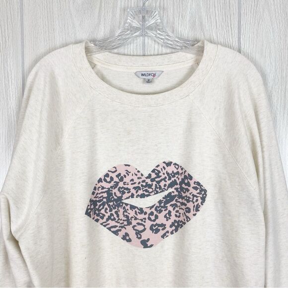 Wildfox | Cream & Pink Leopard Print Lip Sweater Size Medium - Picture 3 of 8